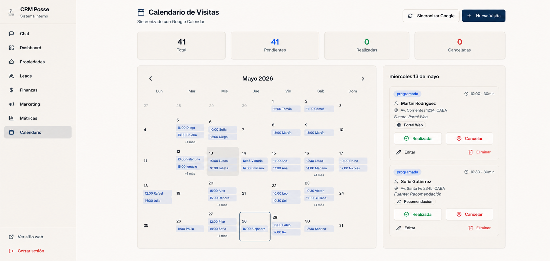 Calendario de visitas sincronizado con Google Calendar dentro del CRM de Posse