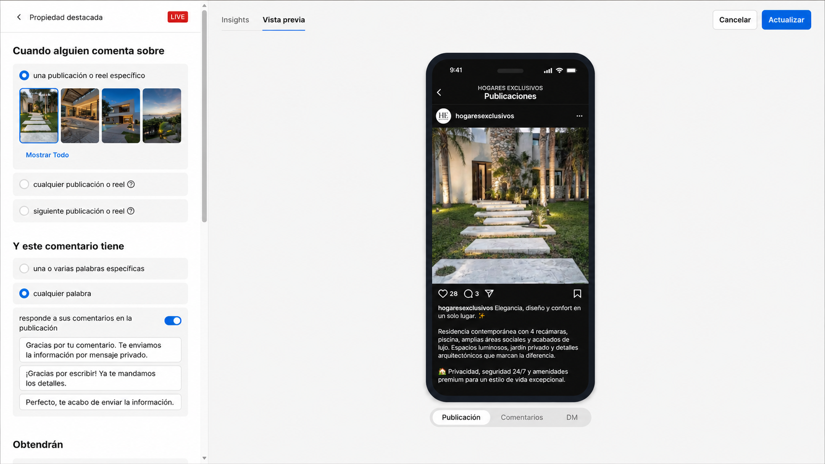 Automatización en ManyChat para responder comentarios en Instagram y enviar la información por mensaje privado