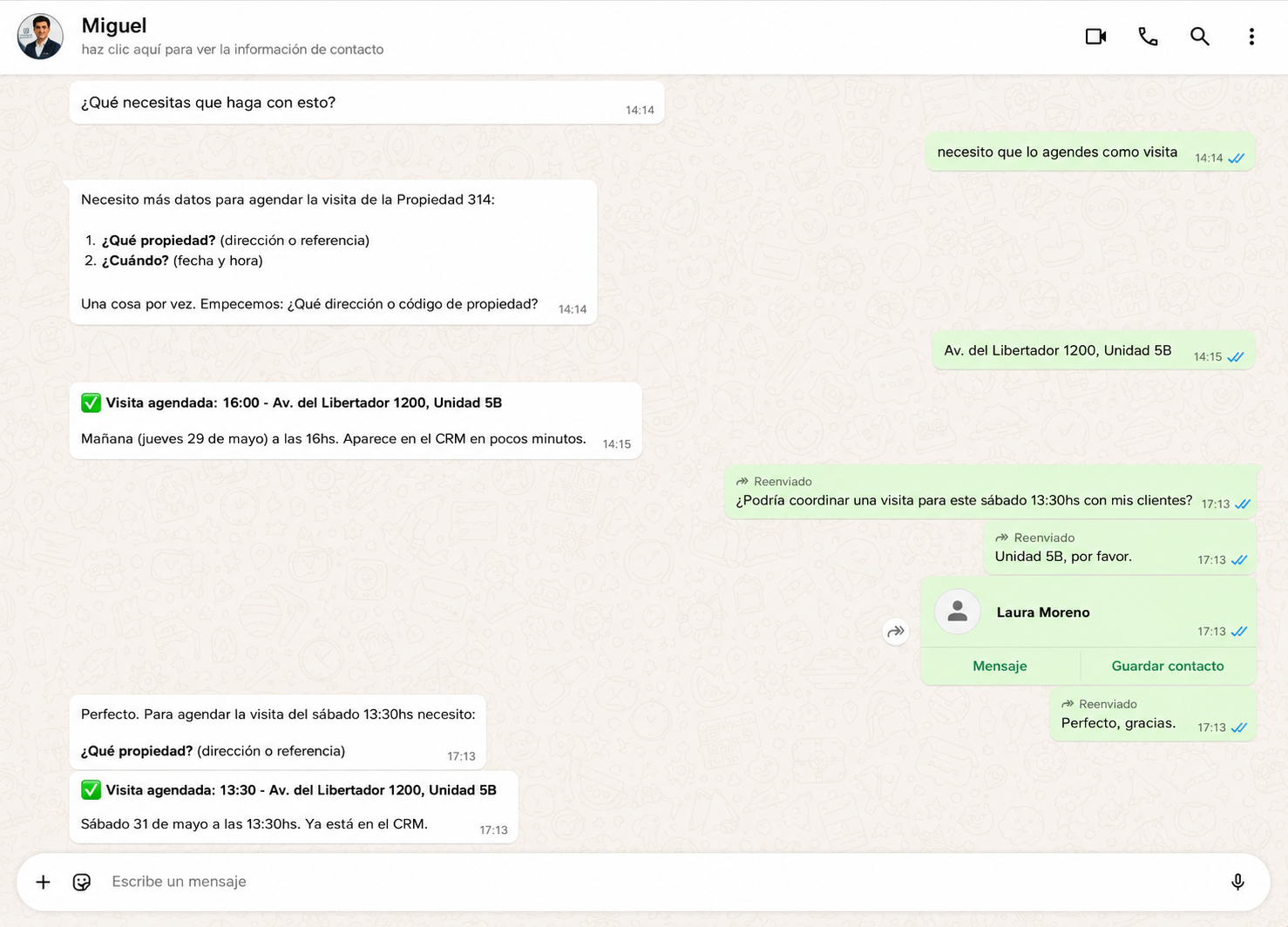 Conversación de WhatsApp con Miguel coordinando y agendando visitas