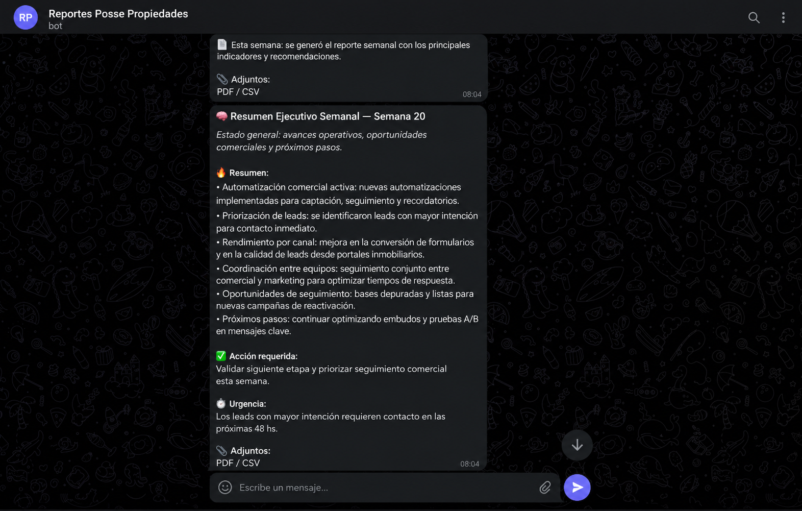 Reporte ejecutivo semanal enviado por WhatsApp con indicadores y recomendaciones operativas