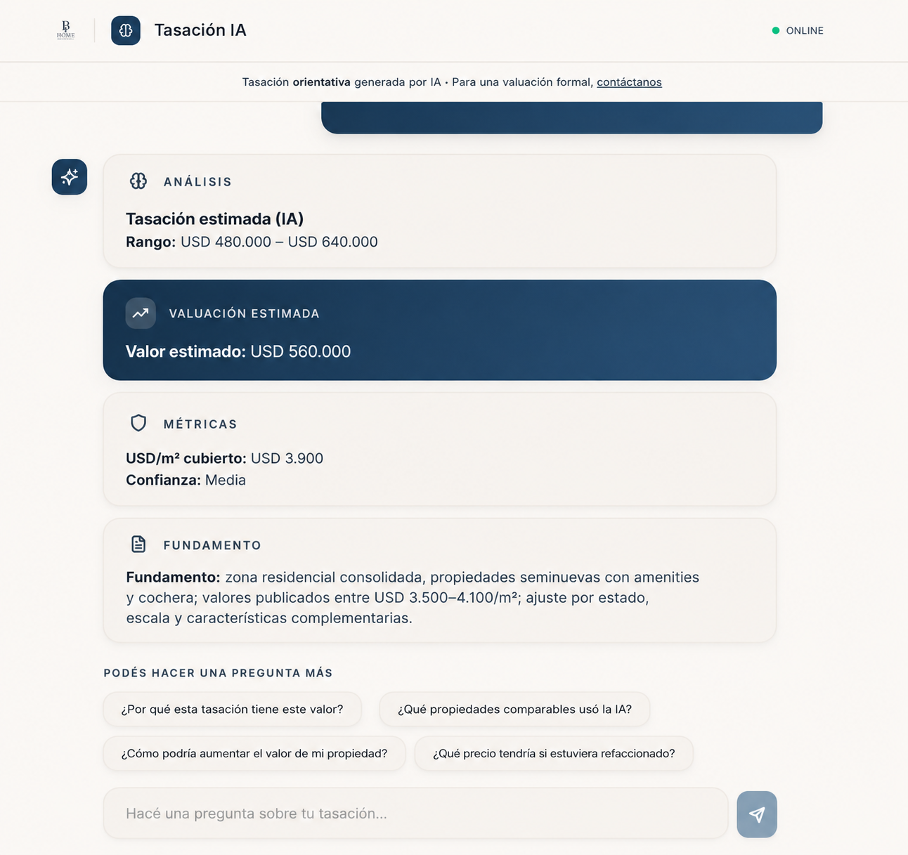Resultado de tasación IA con rango estimado, valor estimado, métricas y fundamento